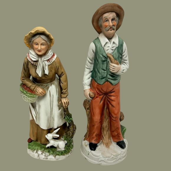Lot Of 2 Vintage Homco Old Man & Woman 9” Hand Painted Porcelain Figurines - Picture 1 of 16